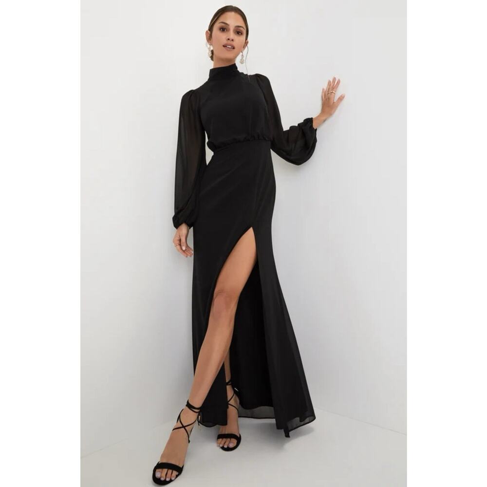 Lulus Graceful Long Sleeve Backless Full Length Formal Black Dress Women Medium